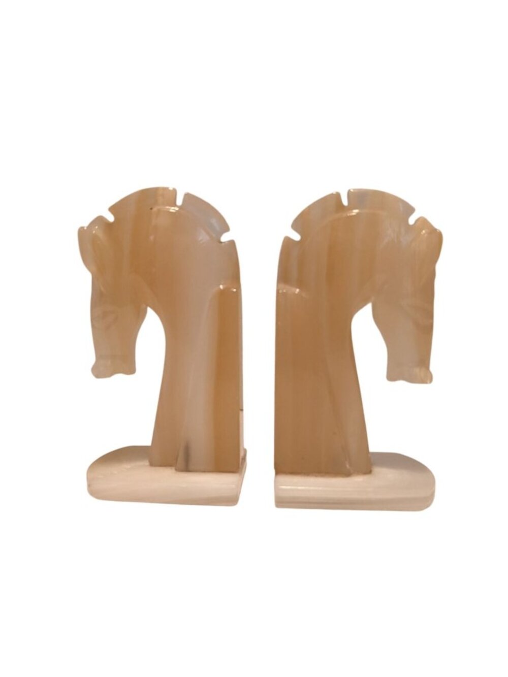 Vintage Hand-Carved Onyx Horse Head Bookends Neutral Tones Art Deco MCM library